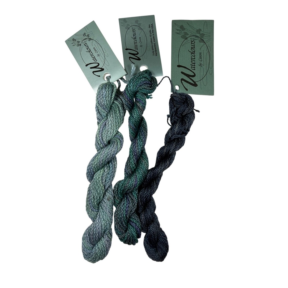 New Caron Watercolour Thread 3 Skeins Blue Green Shades Handpainted 3 Ply Cotton